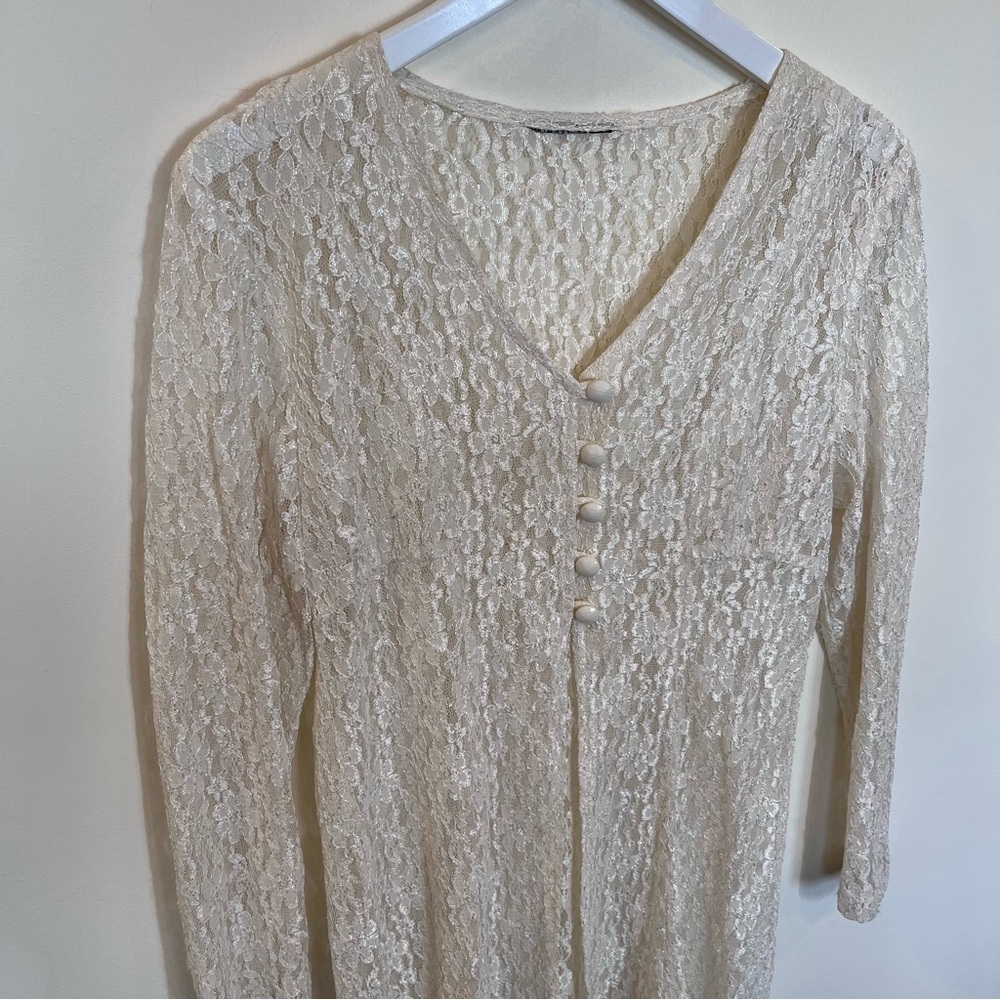 Sheer Floral Lace Garment Vintage 90s 3/4 Sleeve Ivory Romantic Stretch Babydoll - Picture 2 of 4